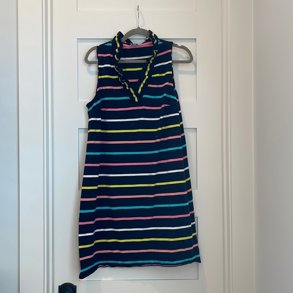 Striped ruffle neck dress.